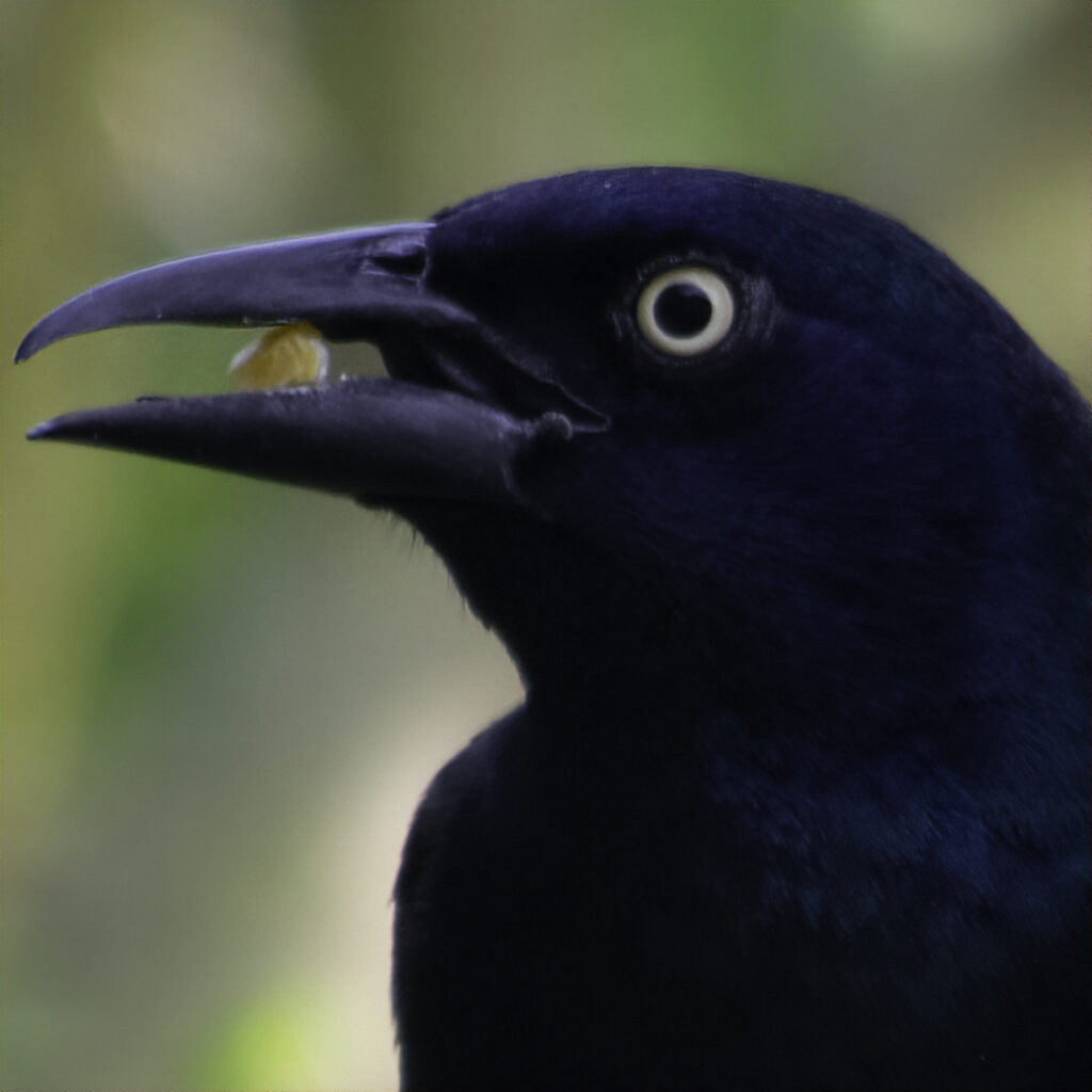 A Common Grackle up close with strong, staring eye