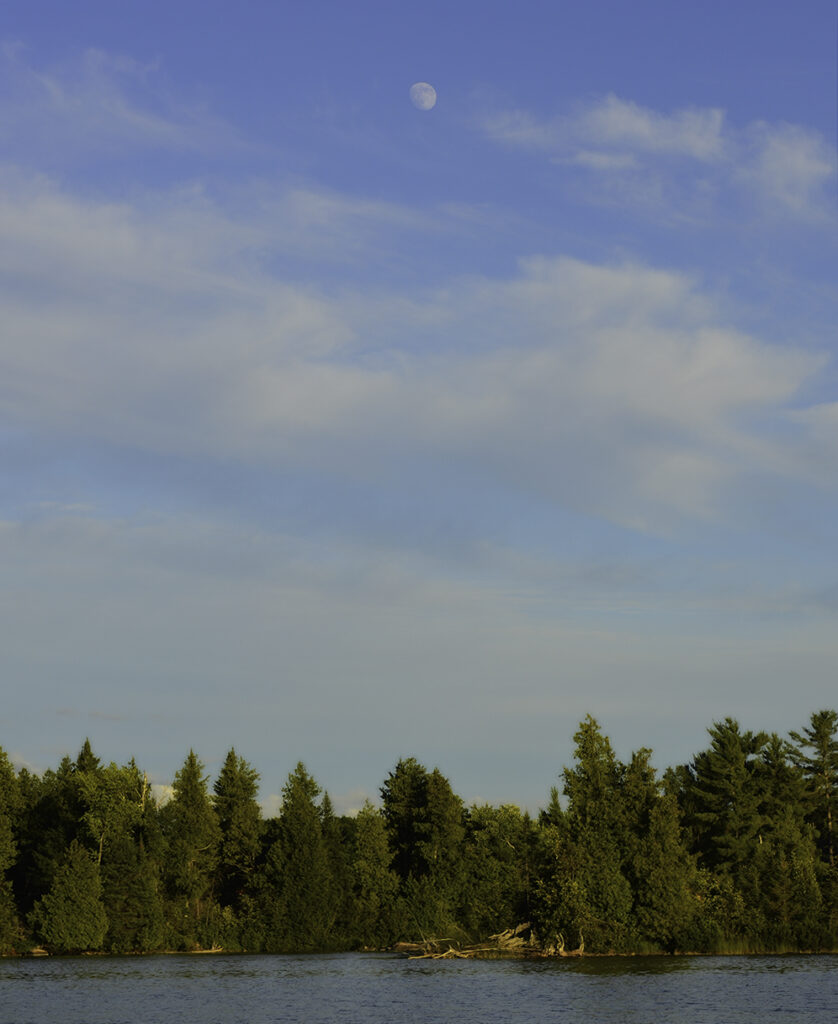 The moon in the day sky over a lake